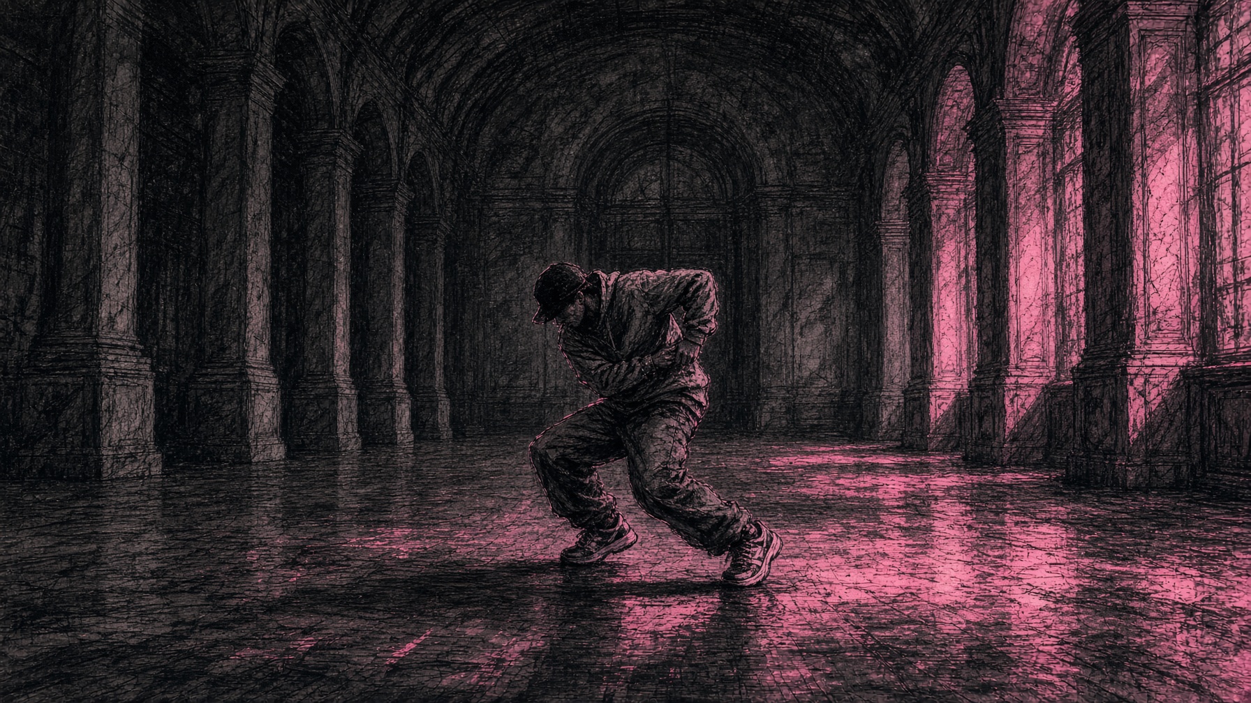An adult dancer holding a street freeze in an open hall