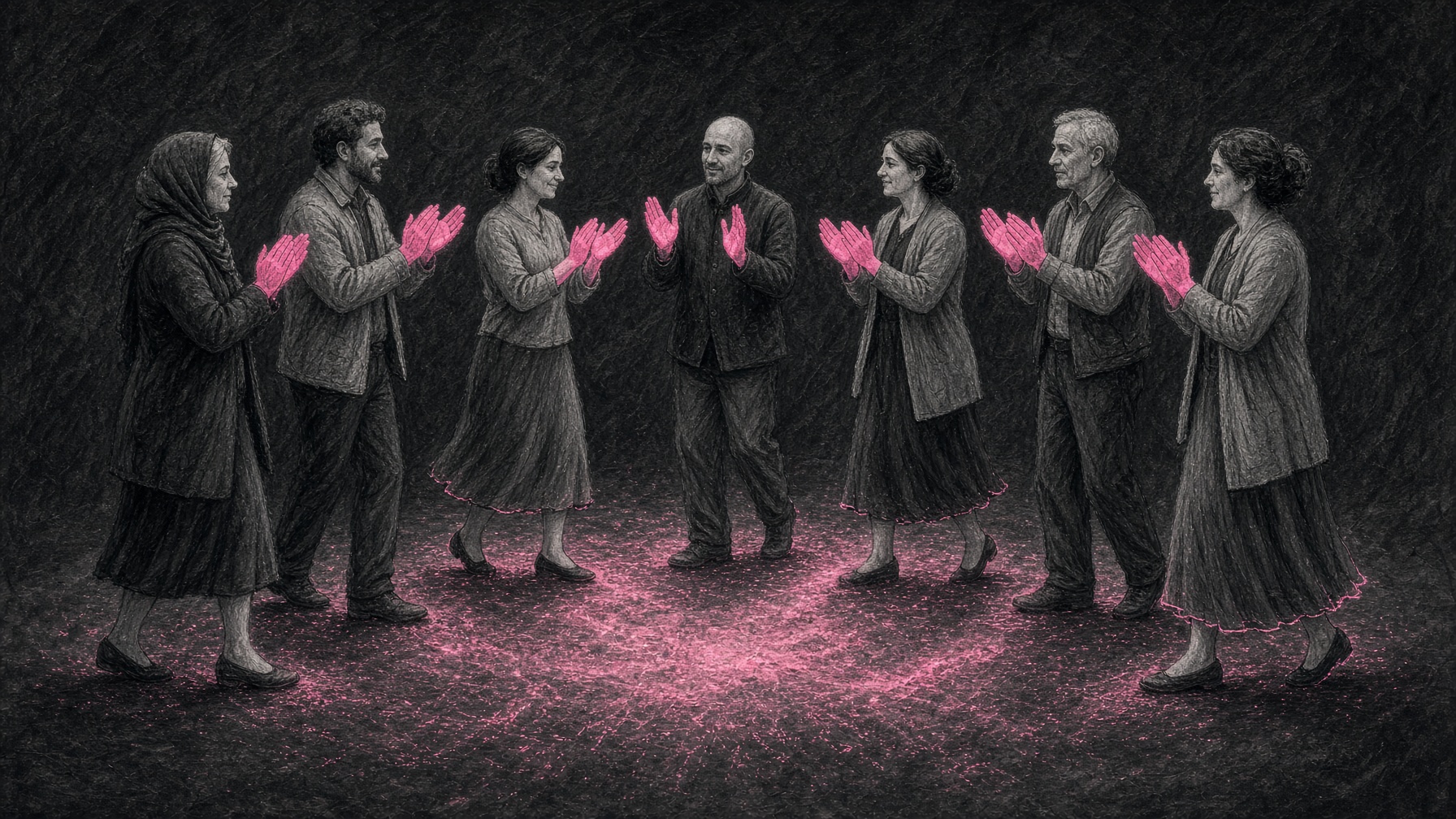 Adults dancing a line together, arms symmetrical, clapping
