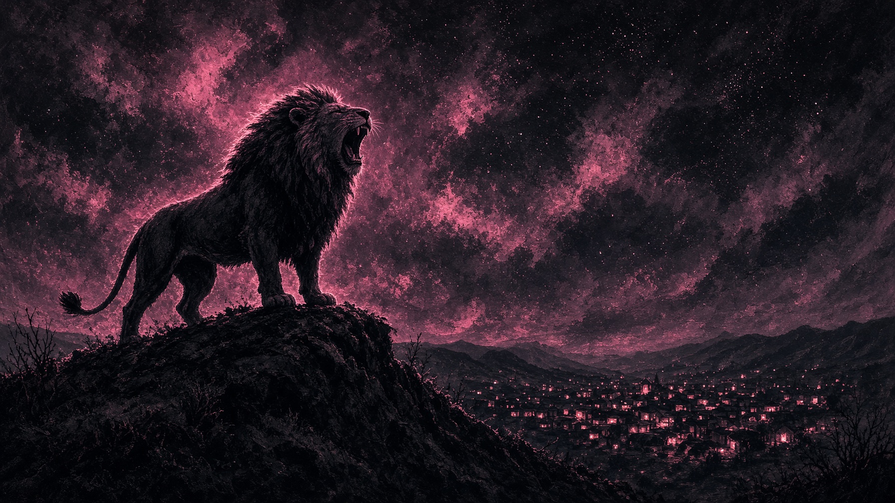 A lion roaring on a dark hill above a sleepless town