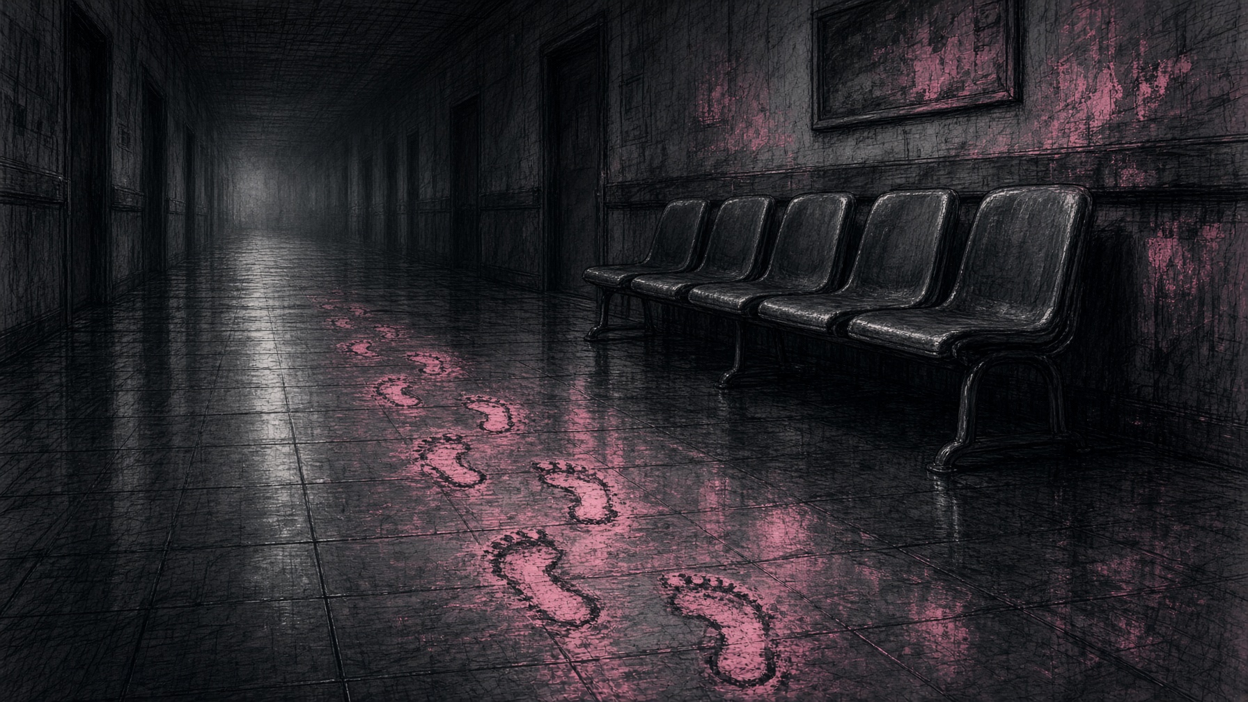 Wet footprints drying on a hospital floor