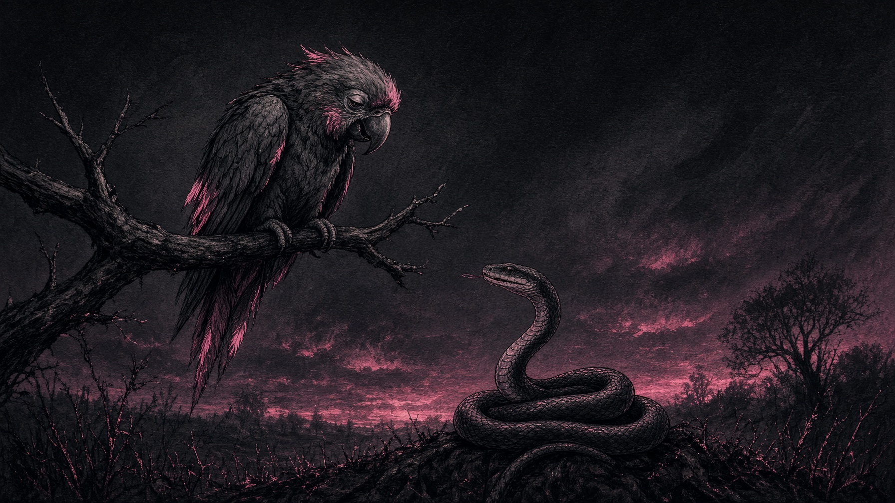 A tired parrot on a branch, a serpent speaking quietly below