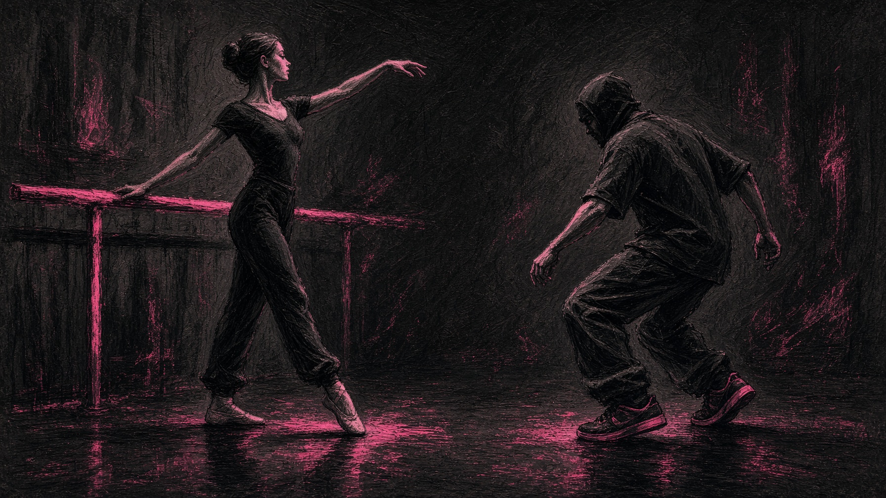 Adult dancers practising ballet feet at a barre and a soft hip-hop bounce