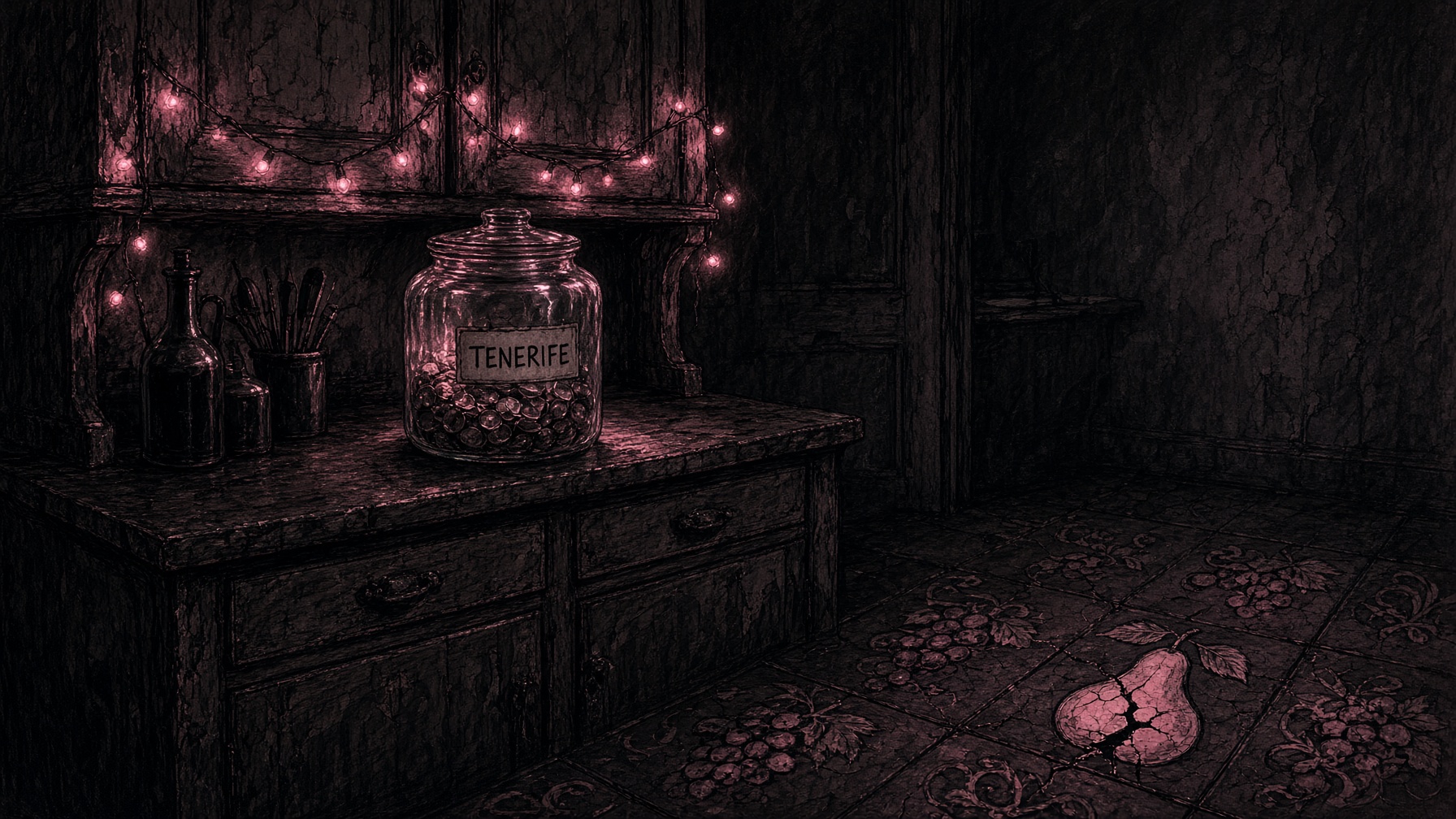 A tired kitchen, Christmas lights, and a coin jar marked Tenerife