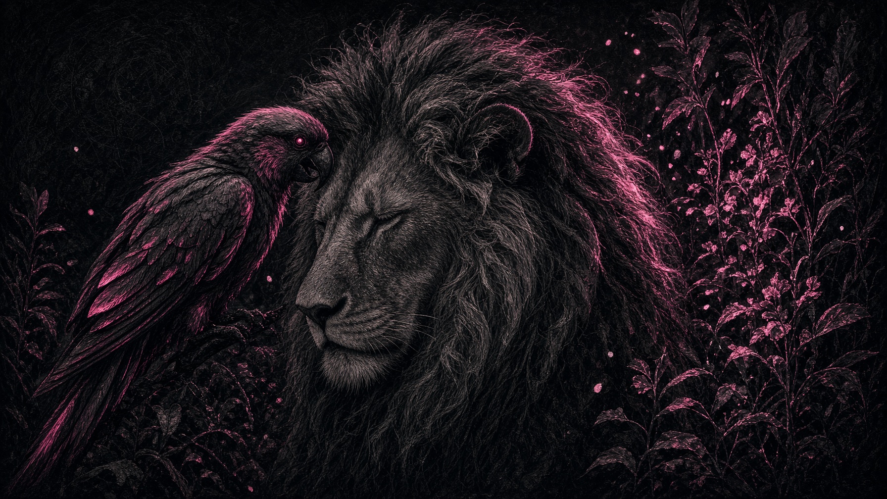 The parrot whispering to the lion, who listens